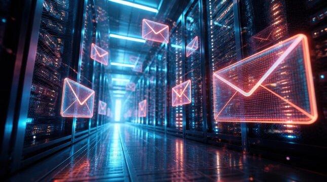 Glowing neon mail symbols floating inside a futuristic digital server room