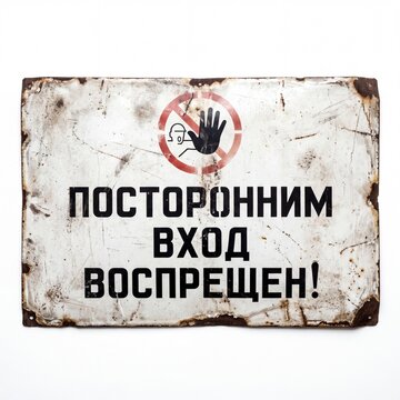 A weathered, rusty vintage metal sign with Russian text "NO ENTRY FOR UNAUTHORIZED PERSONS!" and a prohibition symbol. Isolated on white background, Soviet era.