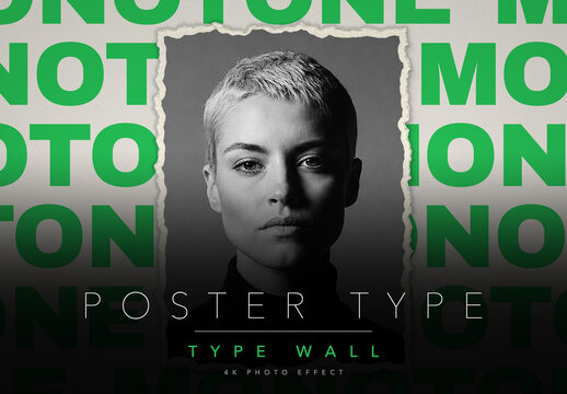 Typography Poster Photo Effect Template - Torn Paper Portrait Pasted Over Repeating Bold Type, Editable Text Layers, Black and White Gig Poster Look, Smart Object PSD