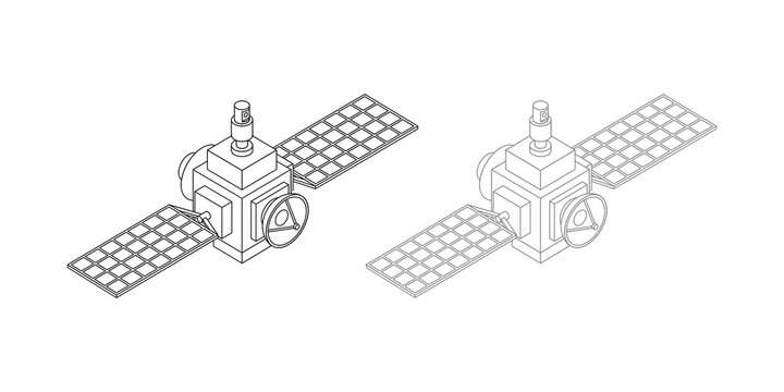 Isometric satellite illustration with solar panels and antenna on a white background