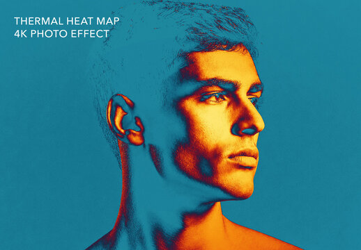 Thermal Camera Photo Effect Template - Infrared Heat Map Vision Filter, Thermal Imaging Portrait Effect, Cyan to Orange Heat Signature Gradient Map, Editable Smart Object, Layered PSD