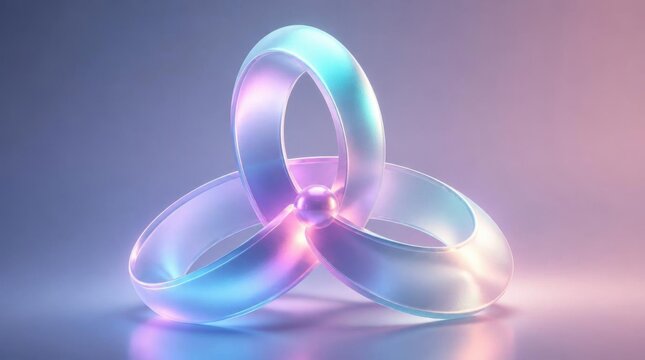 Iridescent interlocking rings with central sphere in soft pastel light