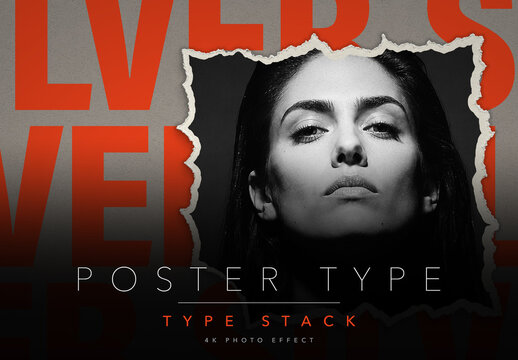Big Type Poster Photo Effect Template - Giant Stacked Typography Behind a Torn Paper Portrait, Editable Text Layers, Bold Red Orange Poster, Black and White Photo, PSD