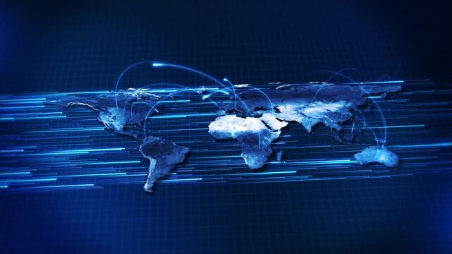 Digital world map luminous international connection paths high-speed data movement. global networks, enterprise 19, cybersecurity, finance, logistics, automation AI-driven communications.