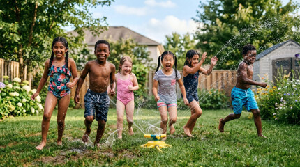Fototapeta premium A group of six cheerful, diverse children running and splashing through a sprinkler on a sunny backyard lawn during a warm summer day.