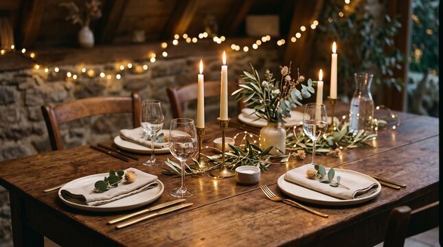 Elegant table setting with candles and fairy lights for a cozy dinner