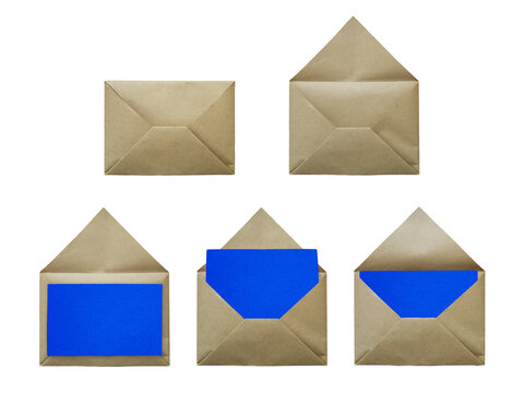 Eco friendly kraft envelopes holding vivid blue blank cards perfect for modern office supply and nautical event branding on a transparent background