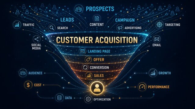 Customer Acquisition Funnel Strategy with Prospects, Leads, Targeting, Conversion, Sales and Business Growth