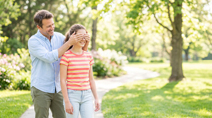 Fototapeta premium Father covering daughter eyes before surprise during joyful family bonding moment outdoors