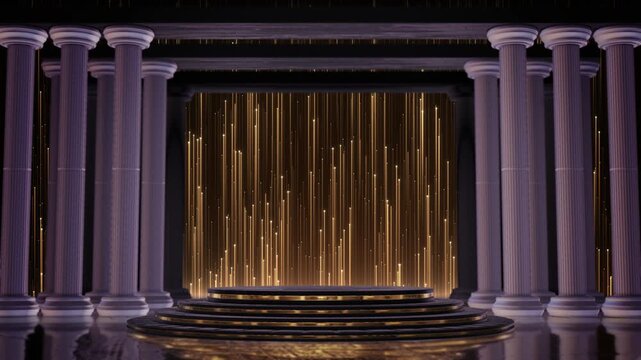 Grand presentation stage by neoclassical architecture and vertical golden lights. Suitable for awards, corporate events, luxury promotions, performances, weddings and prestigious brand showcases.