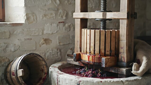 Traditional Wine Press with Grapes and Fresh Juice in Rustic Setting