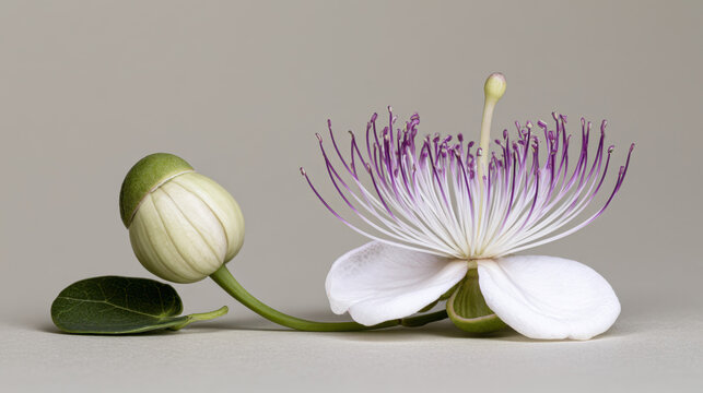 Minimal botanical still life featuring a closed caper bud and fully opened caper flower with elegant white petals and purple stamens