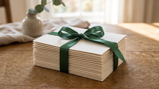 Stack of blank greeting cards tied with a festive green ribbon and bow