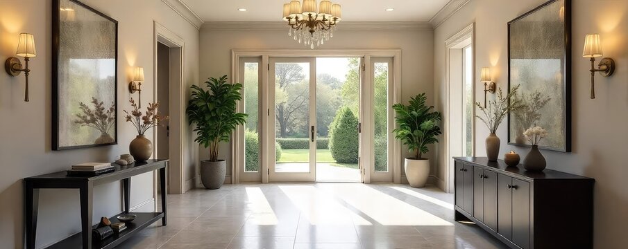 Elegant and spacious foyer with modern lighting and a stylish console table, creating a welcoming and sophisticated entrance to a home , grand, house