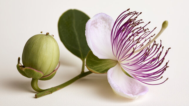 Close-up botanical study of an open caper flower beside an unopened green bud highlighting white petals and dramatic purple stamens