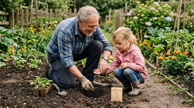 A grandfather and his granddaughter are kneeling in a garden, planting seeds together as they tend to the fertile soil.