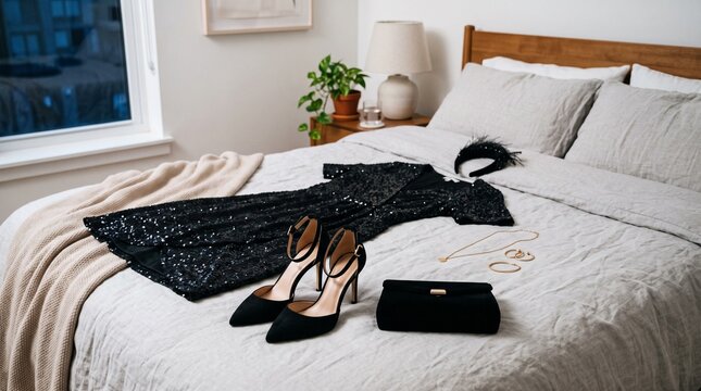 Elegant black sequin dress and accessories laid out on a bed for a night out