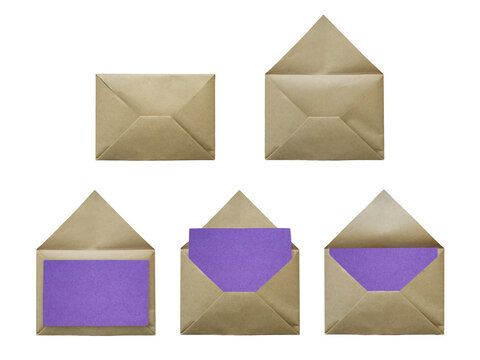 Natural kraft paper envelopes containing rich purple blank cards designed for creative boho party announcements on a transparent background