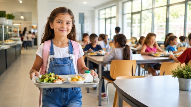 Smiling schoolgirl carrying a healthy lunch tray in a bright modern school cafeteria
