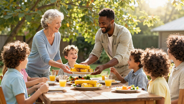Diverse Family Sharing Grilled Feast at Backyard Summer Barbecue Table