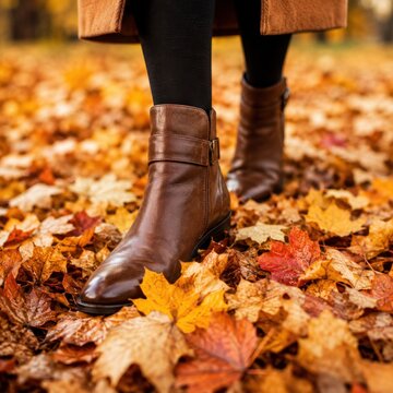 Brown leather boots walking through colorful fallen leaves during the autumn season outdoors
