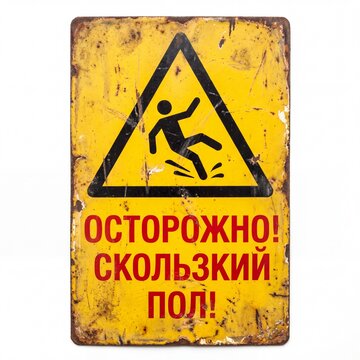 Old and rusty yellow caution sign with Russian text "&ETH;ž&ETH;&iexcl;&ETH;&cent;&ETH;ž&ETH;&nbsp;&ETH;ž&ETH;&ndash;&ETH;&ETH;ž! &ETH;&iexcl;&ETH;&scaron;&ETH;ž&ETH;&rsaquo;&ETH;&not;&ETH;&mdash;&ETH;&scaron;&ETH;&tilde;&ETH;&trade; &ETH;&Yuml;&ETH;ž&ETH;&rsaquo;!" (CAUTION! SLIPPERY FLOOR!) and a slipping person pictogram, isolated on white.