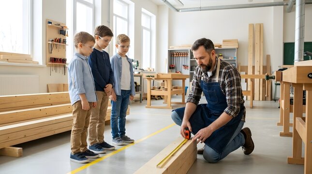 Focused adult carpenter teaching curious young boys woodworking in workshop