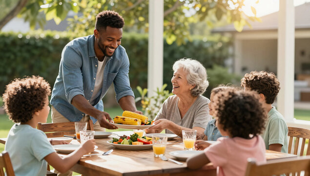 Diverse Family Sharing Grilled Feast at Backyard Summer Barbecue Table