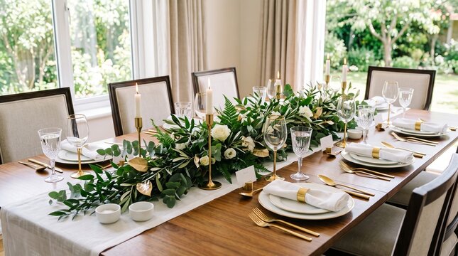 Elegant formal dinner table setting with lush green floral centerpiece