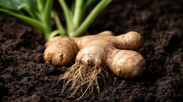Closeup of fresh ginger rhizome with fibrous roots and green shoots growing in rich dark garden soil