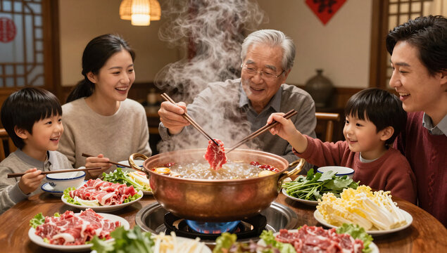Asian Multigenerational Family Sharing Steaming Hot Pot Dinner