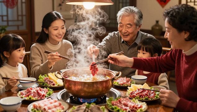 Asian Multigenerational Family Sharing Steaming Hot Pot Dinner