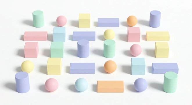 Top view of pastel 3D geometric shapes arranged in a grid pattern on white background