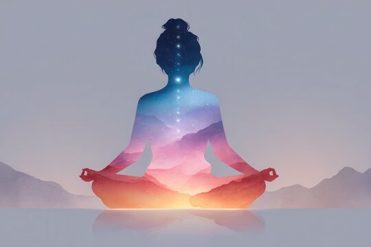 Woman meditating in lotus pose with double exposure landscape and glowing chakra energy points