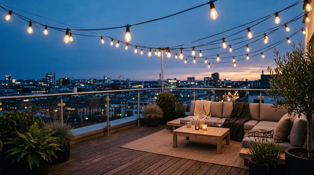 Cozy rooftop terrace with string lights and city view at dusk