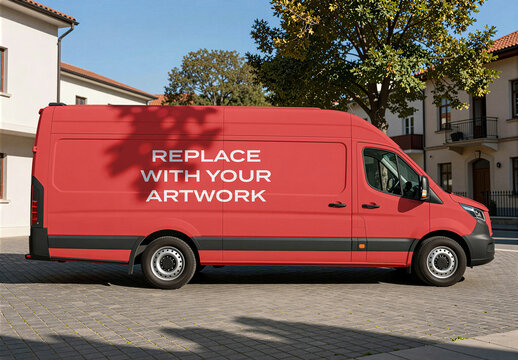 Delivery van mockup with side panel artwork placeholder parked on a paved driveway in residential area, realistic vehicle branding presentation, commercial design template, outdoor urban setting