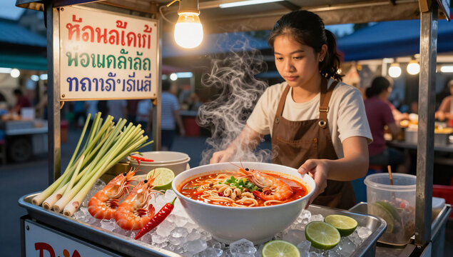 Bangkok Street Food Spicy Tom Yum Noodle Cart