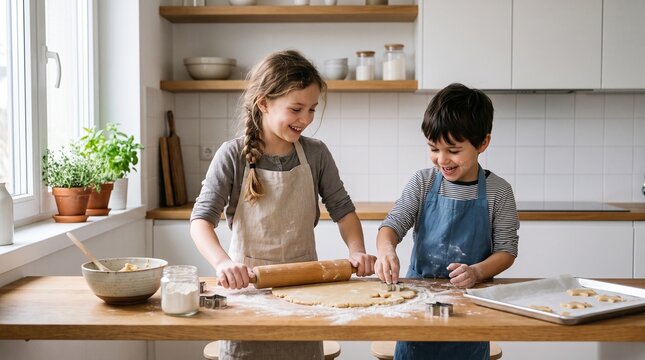 Two happy siblings baking cookies together in a bright, modern kitchen