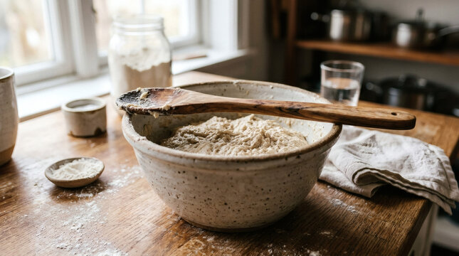 A rustic bowl filled with fluffy, risen dough sits on a wooden table, with a wooden spoon resting on top, indicating the ongoing process of bread making or fermenting starter.