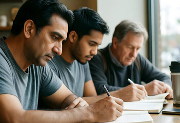 Fototapeta premium Lifelong learning and adult education, diverse men studying together in a cafe, focused students writing notes in notebooks