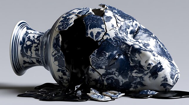 118. A psychological metaphor for a shattered mind. A human head depicted as a beautiful ceramic vase that has dropped and broken on the floor, with a sea of deep, black ink slowly pouring out 
