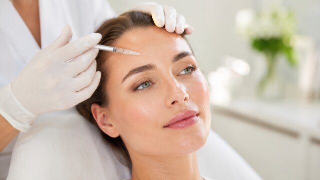 Woman receiving a botox injection in the forehead from a medical professional wearing gloves in a clean cosmetic clinic