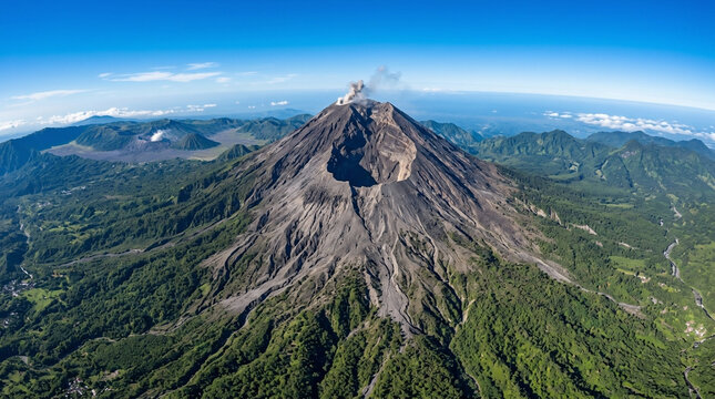 Aerial View of Active Semeru Volcano with Smoke Emission and Forested Slopes Indonesia