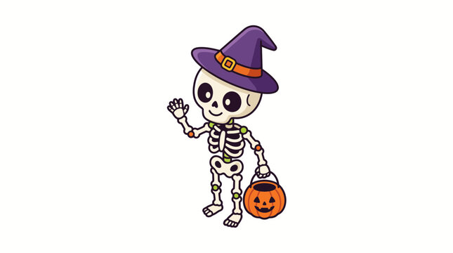 Cute Skeleton Witch Halloween Vector Illustration