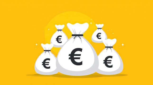 Bright Cartoon Money Bags Group on Yellow Background