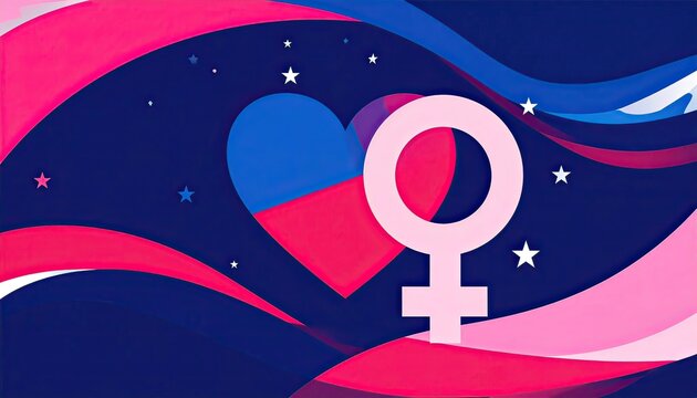 Bright Pink White Female Symbol Over Colorful Waves and Heart