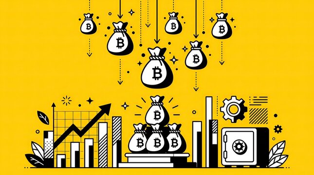 Bold Black White Bitcoin Bags Falling Over Yellow Background