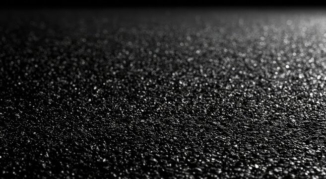 Close-up, low-angle view of dark, textured granular surface with subtle light