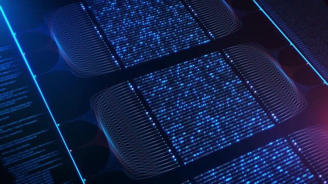 Futuristic binary panels and flowing neon signals visualize AI computation, software processing, machine learning, network traffic and advanced digital infrastructure.