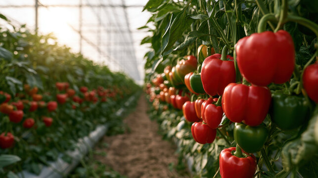 Rows of ripe red and green bell peppers growing in a sunlit commercial greenhouse ready for harvest